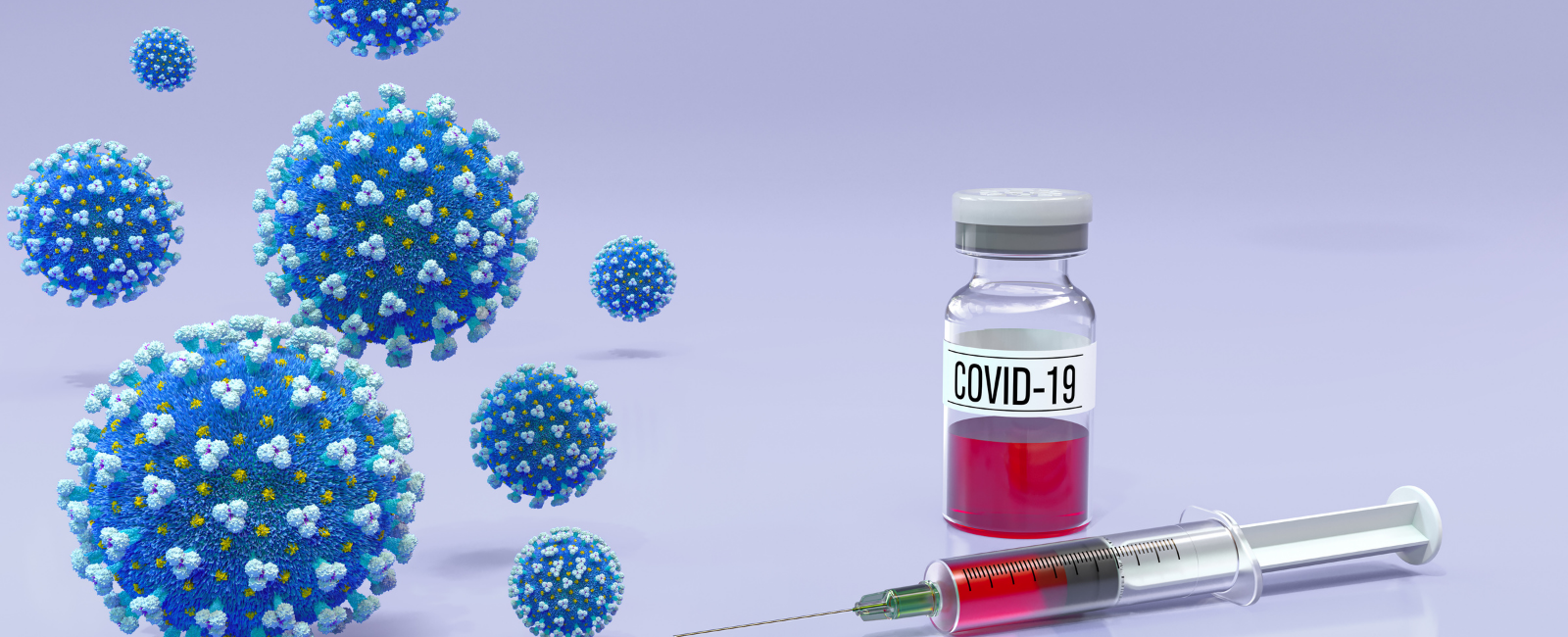 Blue background with COVID-19 balls, a syringe and vaccination bottle.